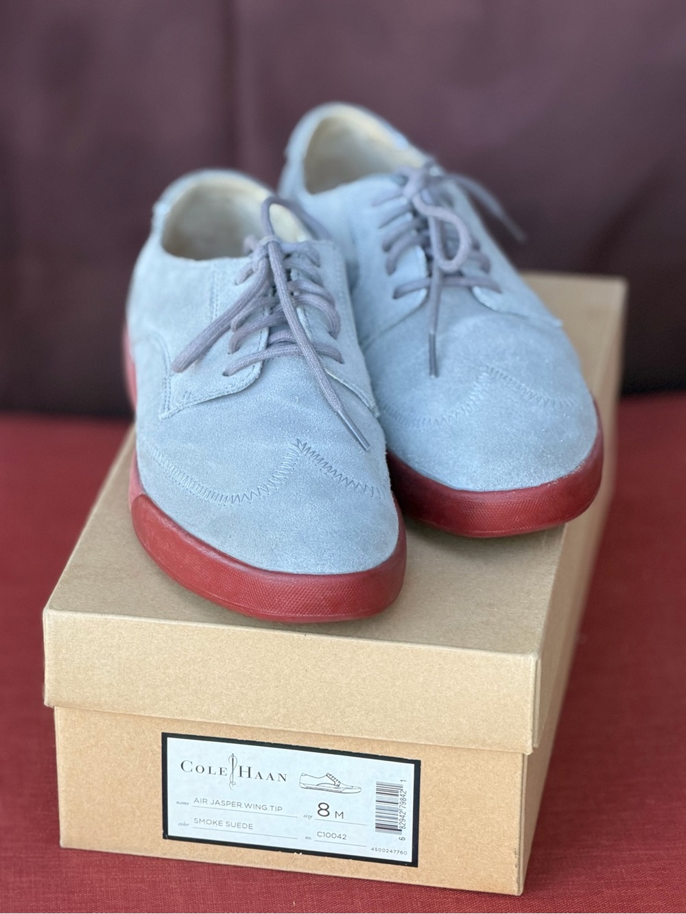 Cole Haan Air Jasper Wingtip Oxfords – Smoke Shade Suede with Red Sole